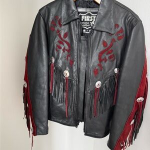 Vintage Black Leather Jacket with Burgundy Suede Rose Accents